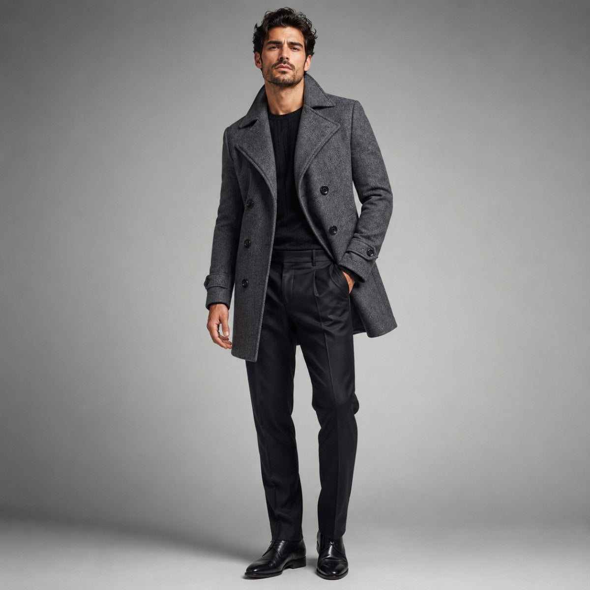 Carson | Men's Double Breasted Wool Trench Coat, Long Tailored Coat | The Dress Cellar | Black