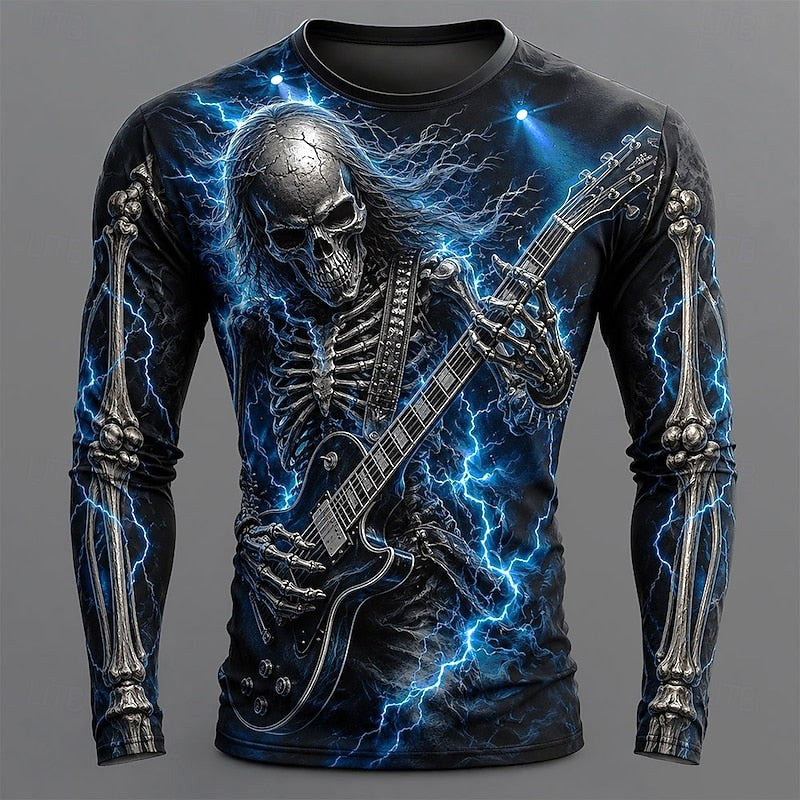 Carter | Men's Long Sleeve Graphic Shirt, Skeleton Guitar Print Shirt | The Dress Cellar | Blue