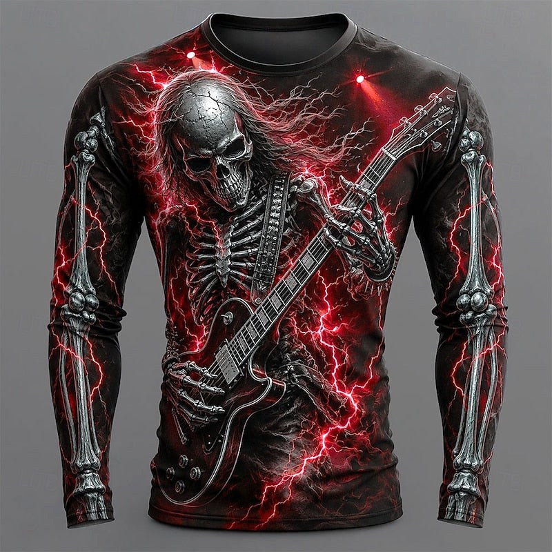Carter | Men's Long Sleeve Graphic Shirt, Skeleton Guitar Print Shirt | The Dress Cellar | Red