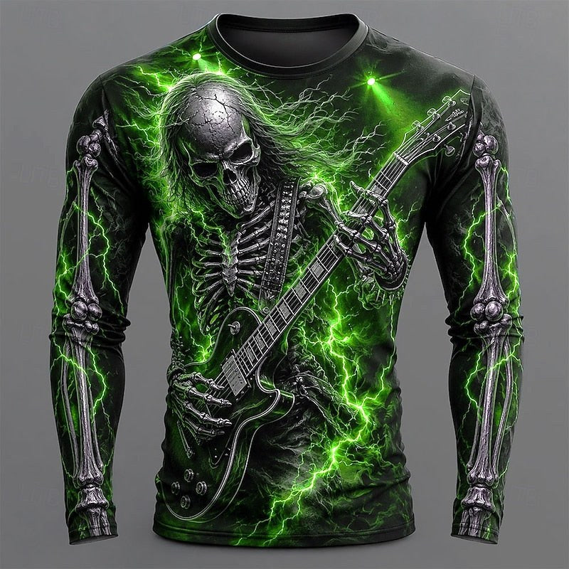 Carter | Men's Long Sleeve Graphic Shirt, Skeleton Guitar Print Shirt | The Dress Cellar | Green