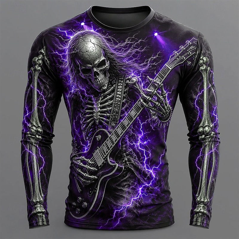 Carter | Men's Long Sleeve Graphic Shirt, Skeleton Guitar Print Shirt | The Dress Cellar | Purple