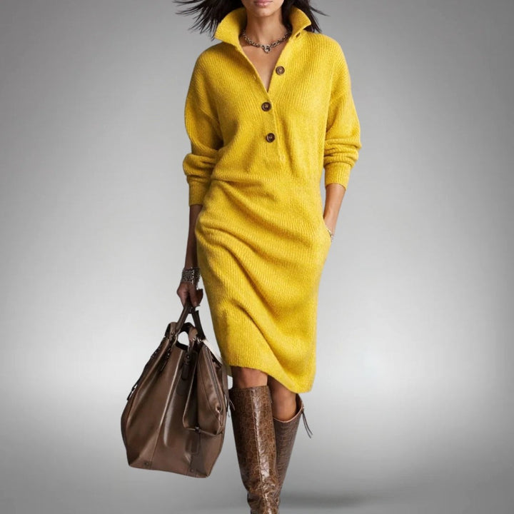 Celine | Women's Wool Mix Knit Polo Dress, Quarter-Button Midi Dress | The Dress Cellar