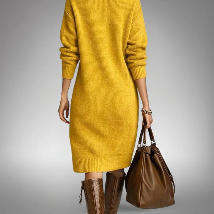 Celine | Women's Wool Mix Knit Polo Dress, Quarter-Button Midi Dress | The Dress Cellar