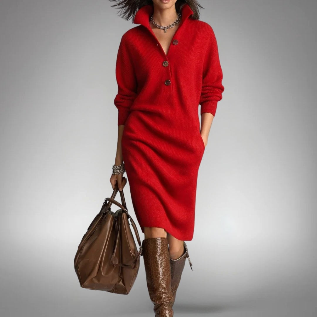 Celine | Women's Wool Mix Knit Polo Dress, Quarter-Button Midi Dress | The Dress Cellar