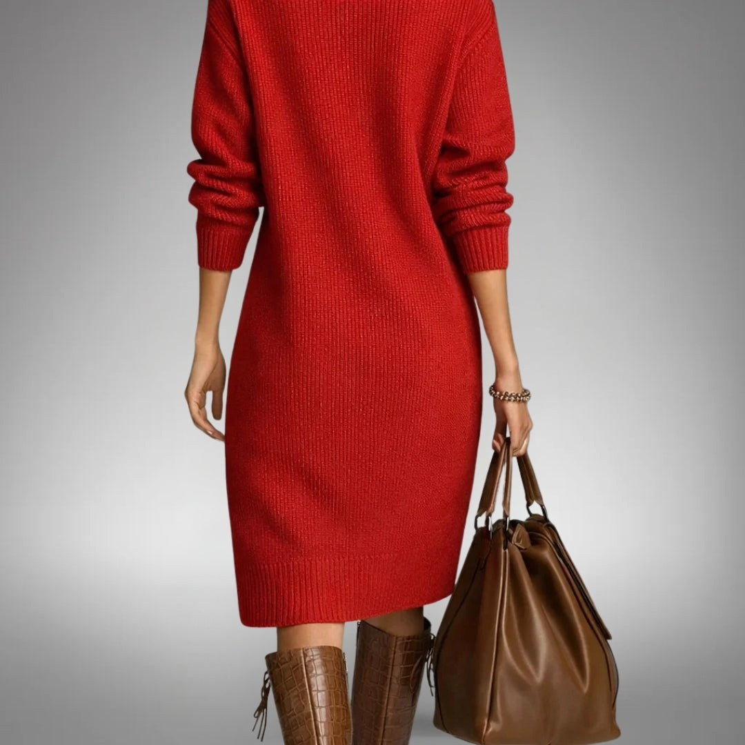 Celine | Women's Wool Mix Knit Polo Dress, Quarter-Button Midi Dress | The Dress Cellar