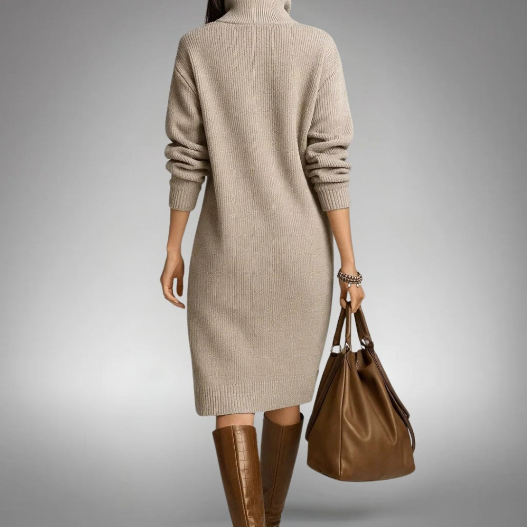 Celine | Women's Wool Mix Knit Polo Dress, Quarter-Button Midi Dress | The Dress Cellar