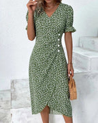 Charlene | Women's V-Neck Floral Midi Dress - Green