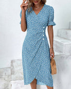 Charlene | Women's V-Neck Floral Midi Dress - Blue