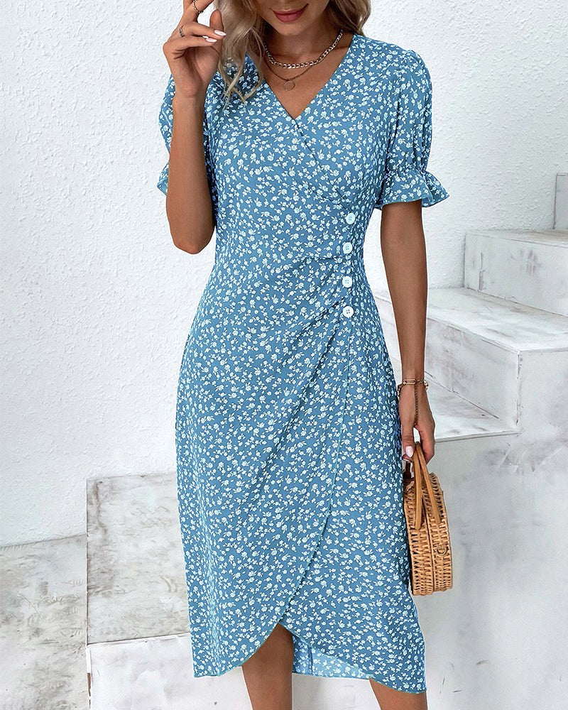 Charlene | Women's V-Neck Floral Midi Dress - Blue