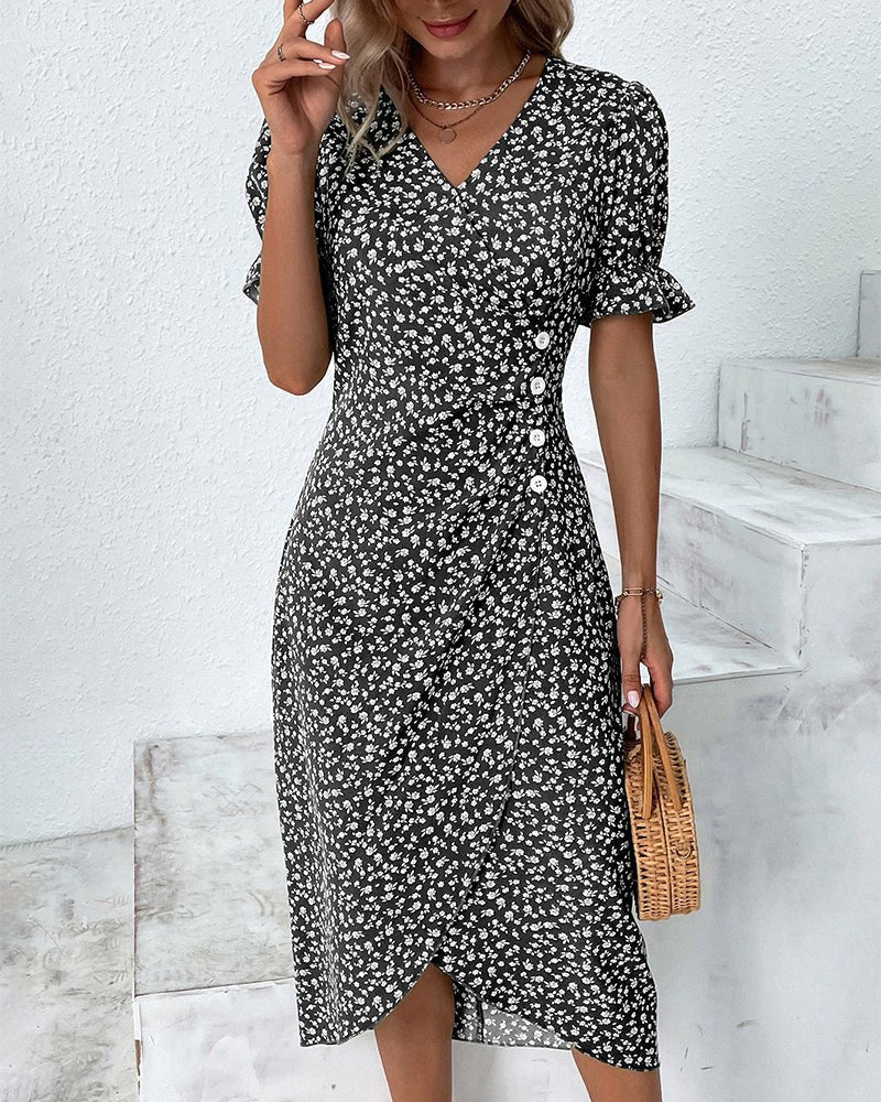 Charlene | Women's V-Neck Floral Midi Dress - Black