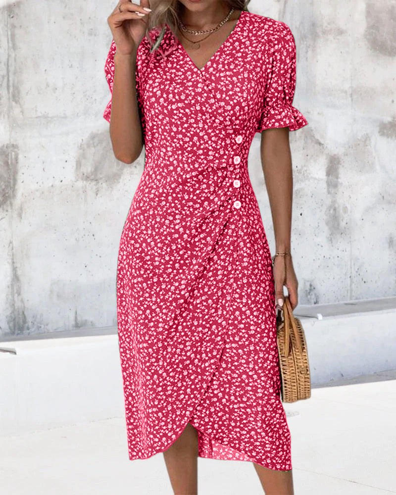 Charlene | Women's V-Neck Floral Midi Dress - Red