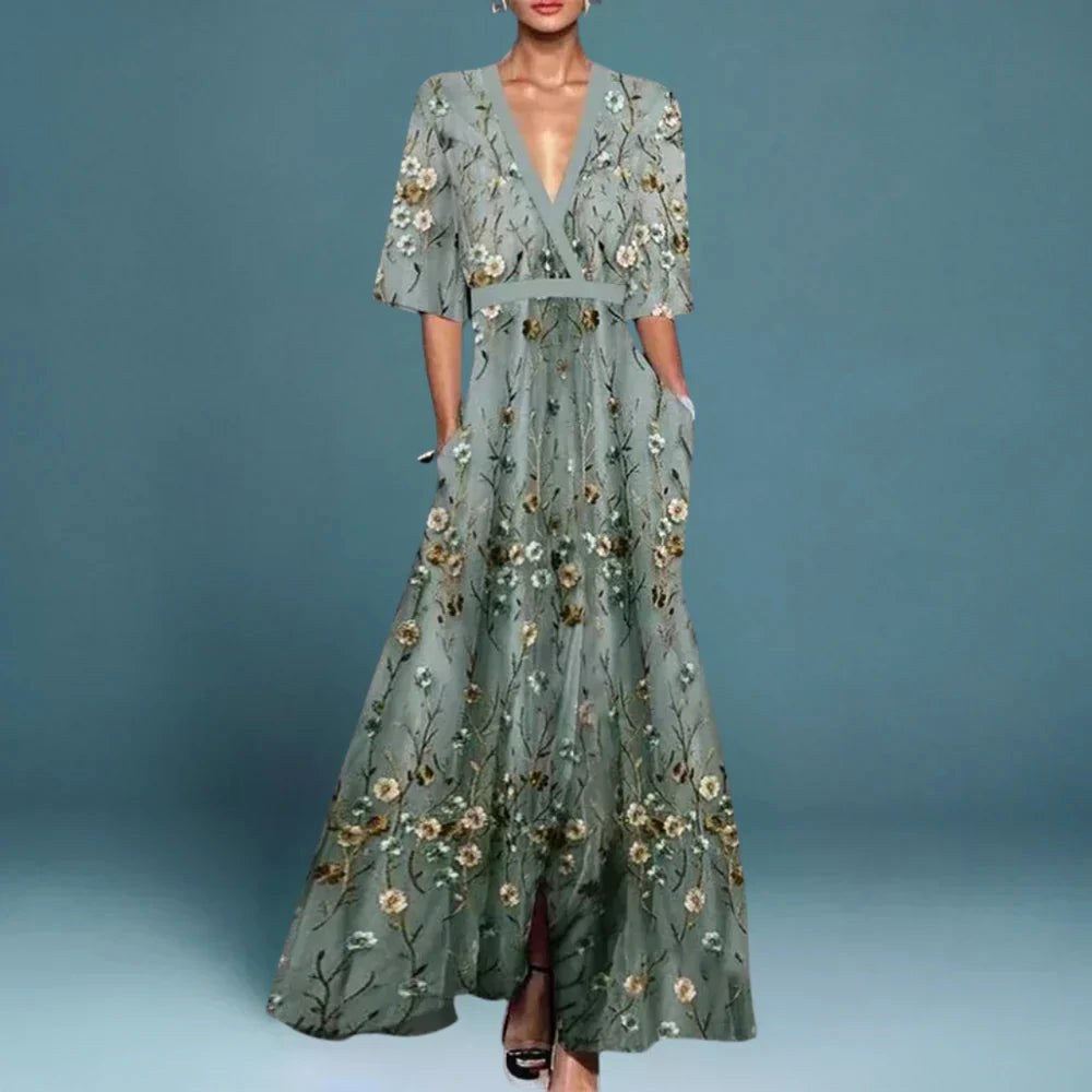 Charlotte | Women's Floral Maxi Dress with V-Neckline - Blue