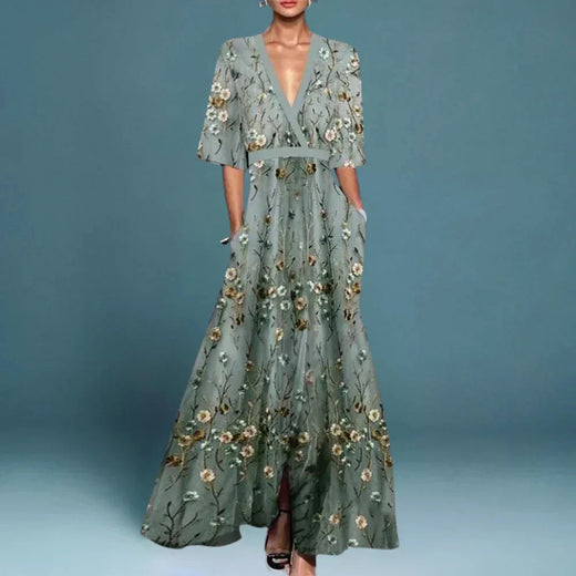 Charlotte | Women's Floral Maxi Dress with V-Neckline - Blue