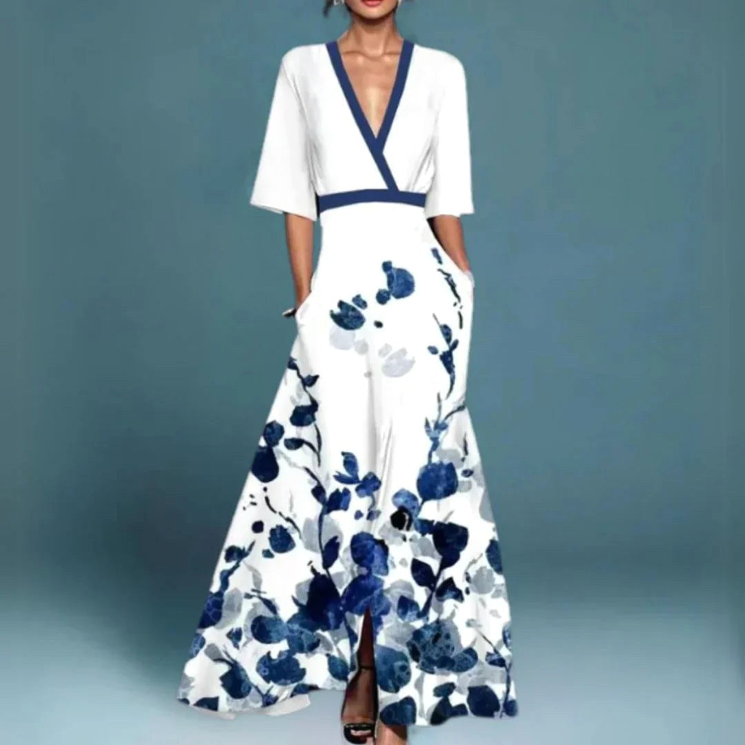 Charlotte | Women's Floral Maxi Dress with V-Neckline - White