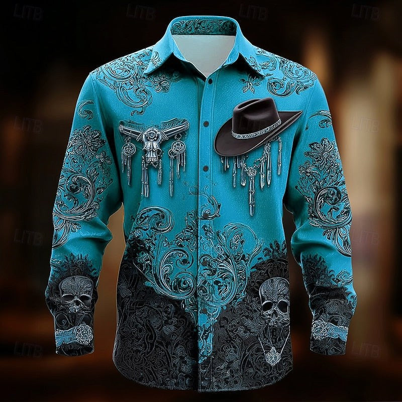 Chase | Men's Western Print Shirt, Halloween Statement Shirt | The Dress Cellar | Blue