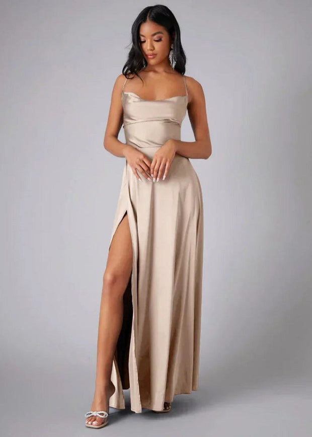 Claire | Women's Satin Maxi Gown with High Slit - Beige