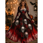 Claire | Women's Skeleton Print Maxi Dress, A-Line Floor-Length Dress | The Dress Cellar | Wine