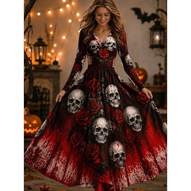 Claire | Women's Skeleton Print Maxi Dress, A-Line Floor-Length Dress | The Dress Cellar | Wine