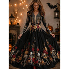 Claire | Women's Skeleton Print Maxi Dress, A-Line Floor-Length Dress | The Dress Cellar | Black