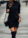 Clarisse | Women's Long Sleeve Mini Dress with Asymmetric Hem, Wrap-Style Winter Dress | The Dress Cellar | Black