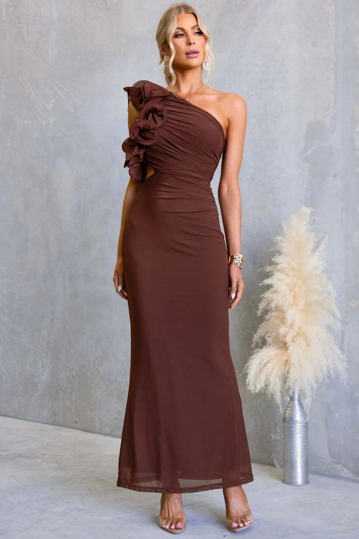 Claudine | Women's One-Shoulder Maxi Dress with Ruffled Detail, Fitted Evening Dress | The Dress Cellar | Burgundy