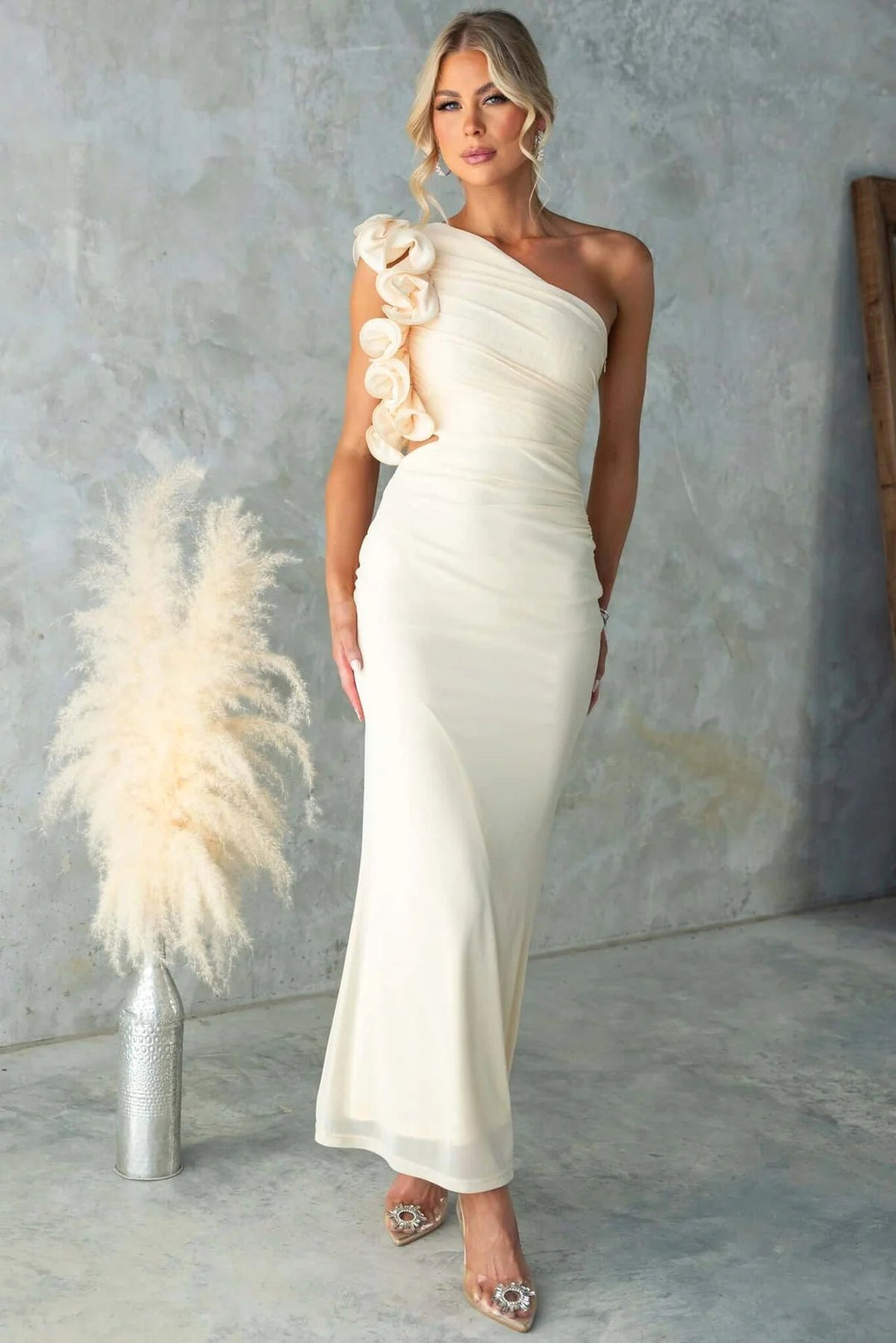 Claudine | Women's One-Shoulder Maxi Dress with Ruffled Detail, Fitted Evening Dress | The Dress Cellar