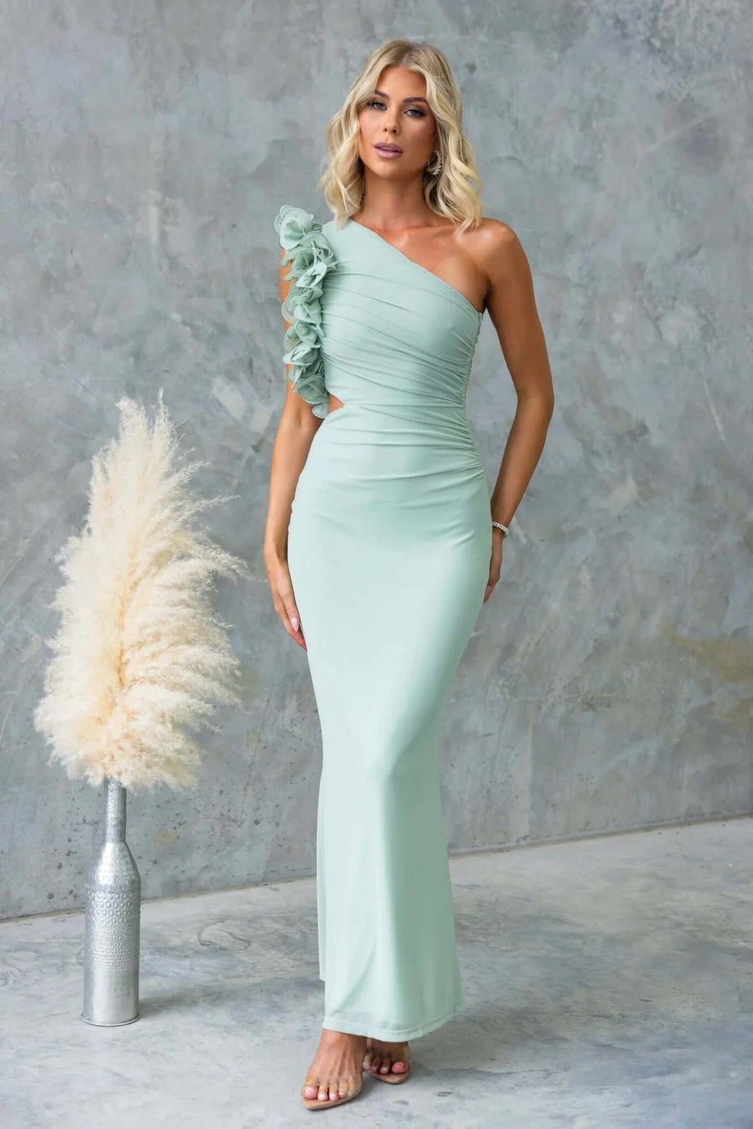 Claudine | Women's One-Shoulder Maxi Dress with Ruffled Detail, Fitted Evening Dress | The Dress Cellar