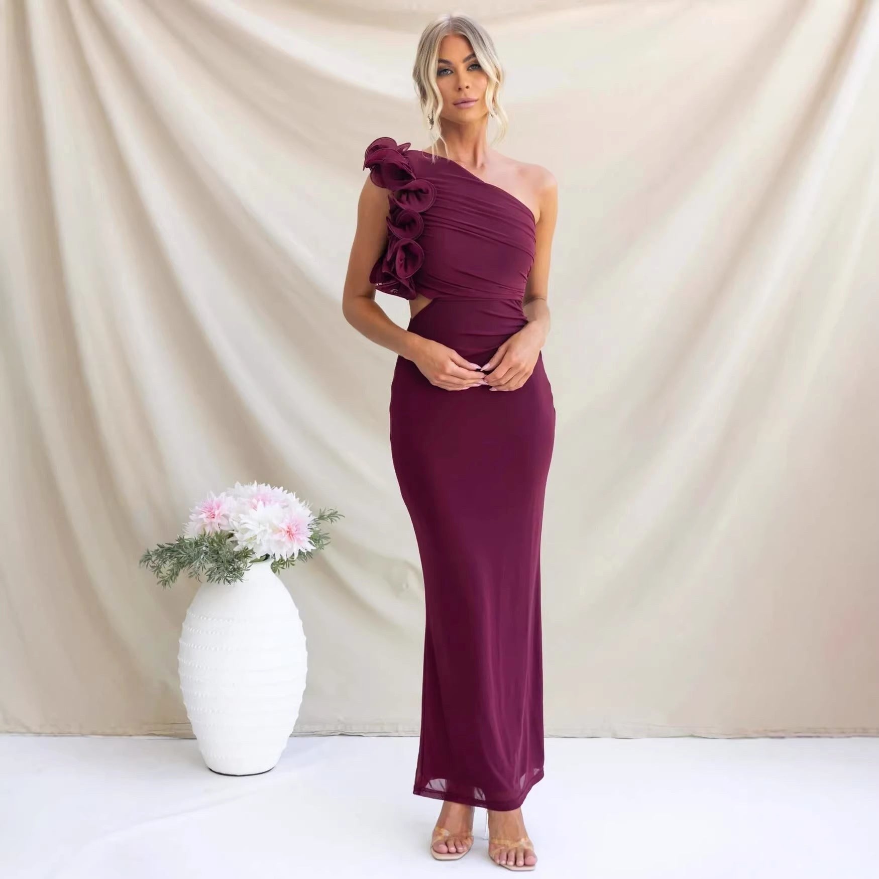 Claudine | Women's One-Shoulder Maxi Dress with Ruffled Detail, Fitted Evening Dress | The Dress Cellar | Black
