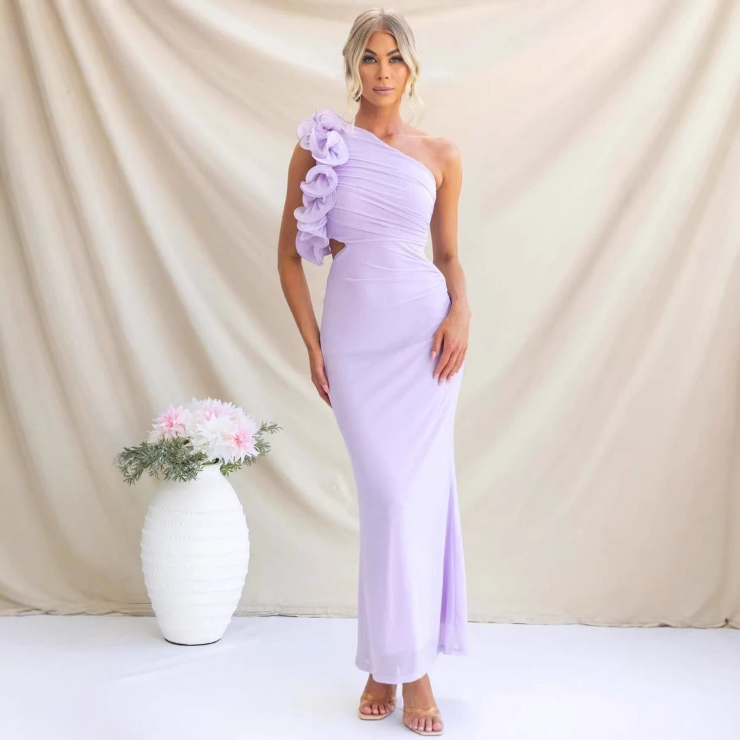 Claudine | Women's One-Shoulder Maxi Dress with Ruffled Detail, Fitted Evening Dress | The Dress Cellar | Sky Blue