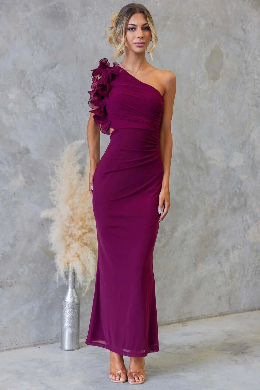 Claudine | Women's One-Shoulder Maxi Dress with Ruffled Detail, Fitted Evening Dress | The Dress Cellar | Coffee