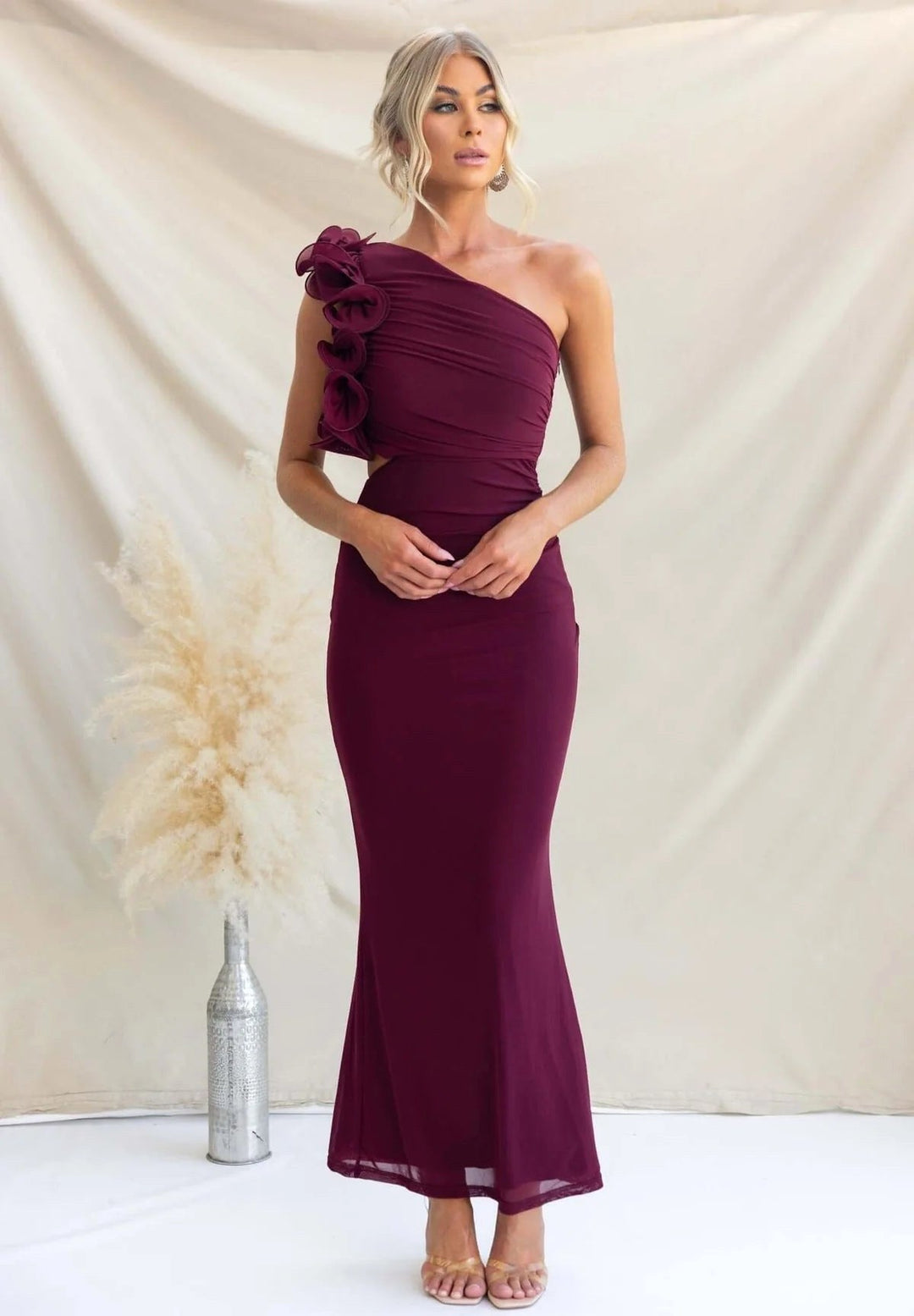 Claudine | Women's One-Shoulder Maxi Dress with Ruffled Detail, Fitted Evening Dress | The Dress Cellar | Light Yellow