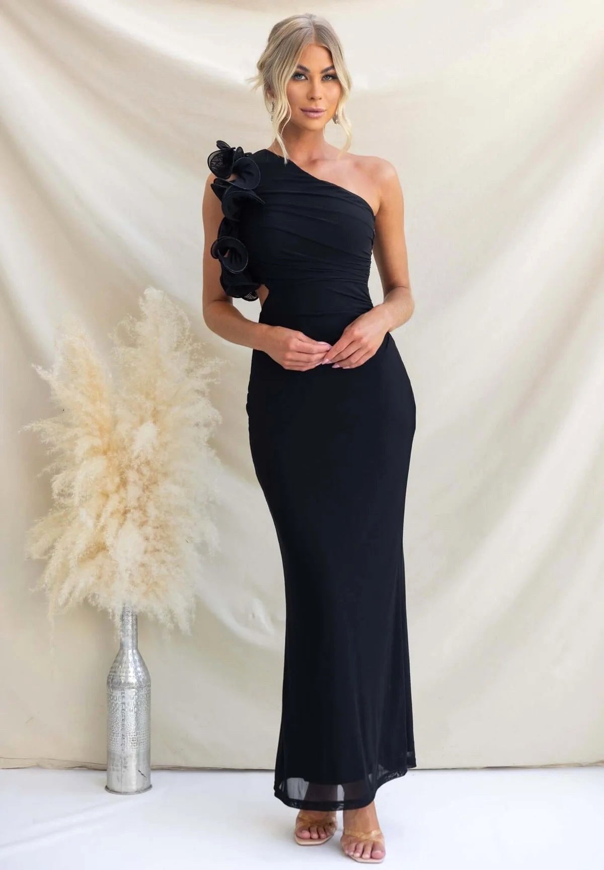 Claudine | Women's One-Shoulder Maxi Dress with Ruffled Detail, Fitted Evening Dress | The Dress Cellar | Red