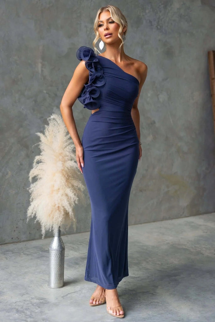 Claudine | Women's One-Shoulder Maxi Dress with Ruffled Detail, Fitted Evening Dress | The Dress Cellar | Green