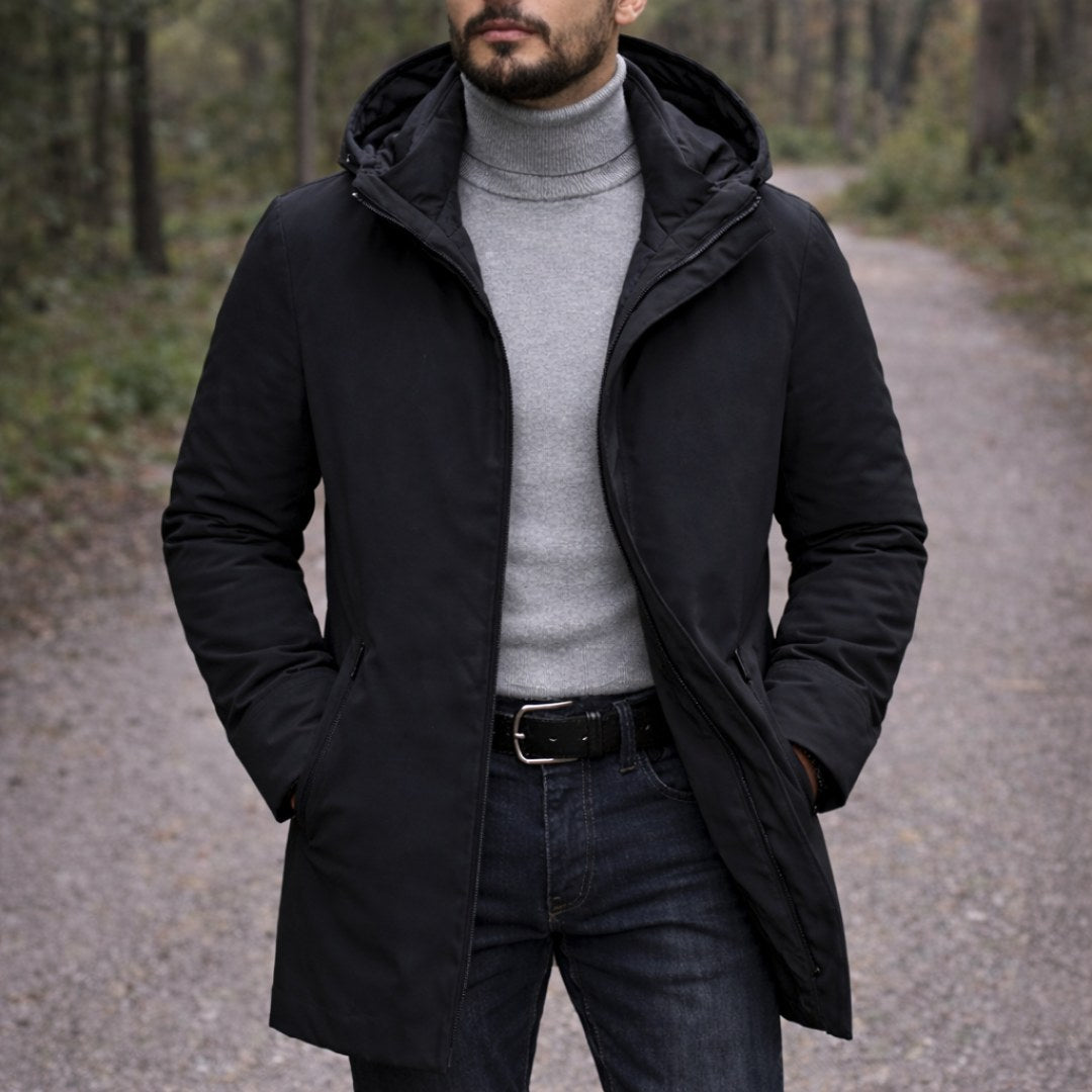 Cody | Men's Hooded Winter Coat, Weather-Resistant Autumn Coat | The Dress Cellar | Black