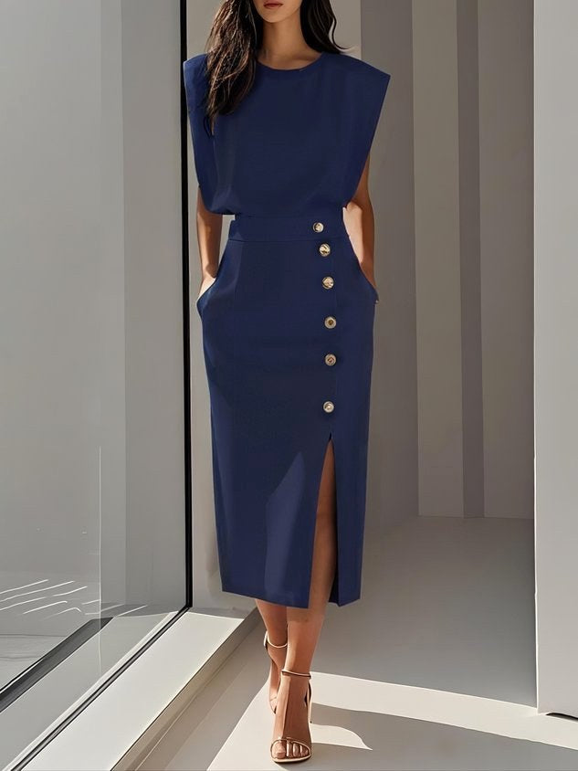 Colette | Women's Structured Midi Dress - Dark Blue