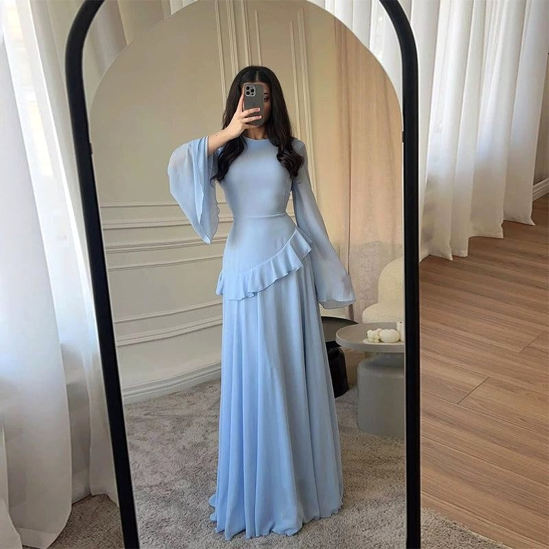 Colette | Women's Tiered Maxi Dress with Bell Sleeves, Formal Wedding Guest Dress | The Dress Cellar | Light Blue