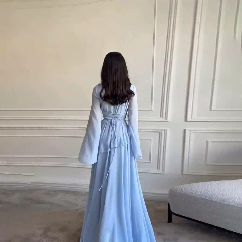 Colette | Women's Tiered Maxi Dress with Bell Sleeves, Formal Wedding Guest Dress | The Dress Cellar | Light Yellow