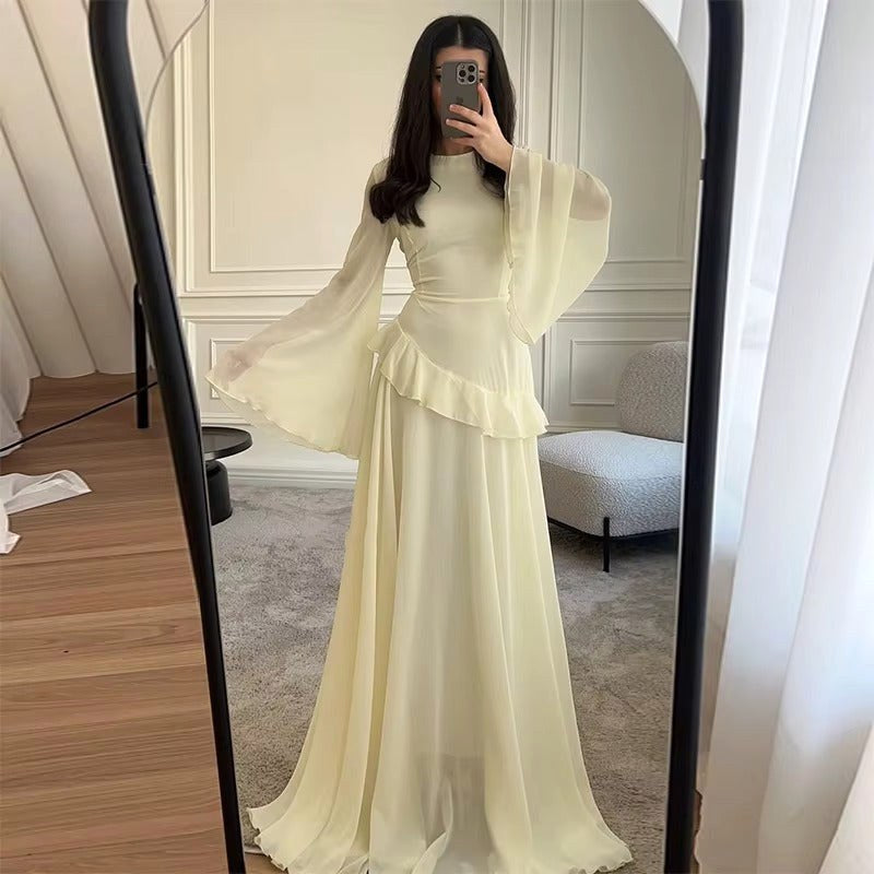 Colette | Women's Tiered Maxi Dress with Bell Sleeves, Formal Wedding Guest Dress | The Dress Cellar | Dark Blue