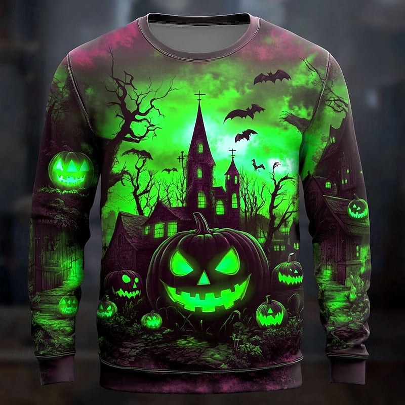 Connor | Men's Halloween Graphic Crew Neck Sweatshirt, Relaxed Autumn Sweater | The Dress Cellar | Green