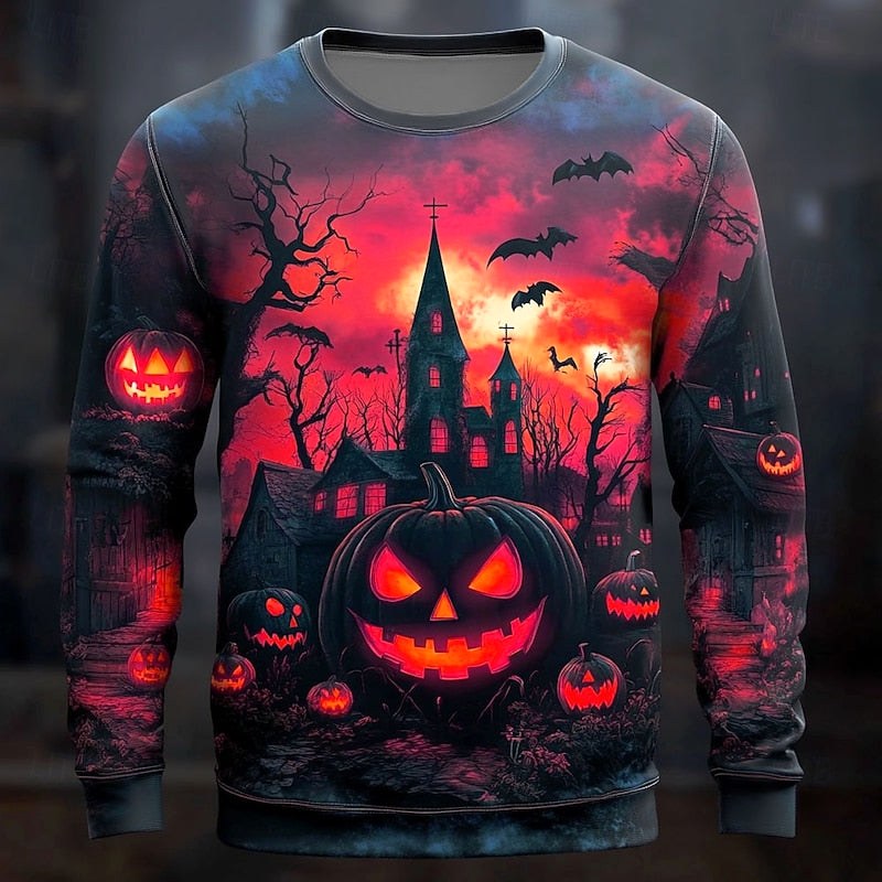 Connor | Men's Halloween Graphic Crew Neck Sweatshirt, Relaxed Autumn Sweater | The Dress Cellar | Red