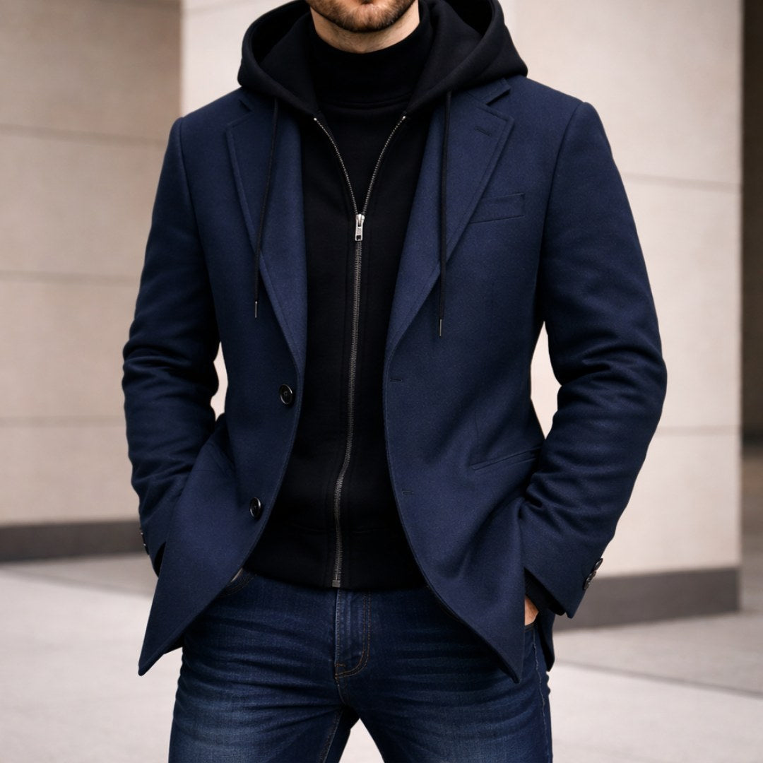 Connor | Men's Tailored Double-Layer Coat, Structured Wool-Blend Coat | The Dress Cellar | Navy Blue