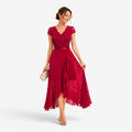 Summer | Women's Lace Midi Dress, Burgundy V-Neck Occasion Dress | The Dress Cellar