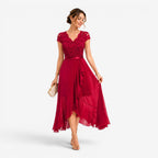 Summer | Women's Lace Midi Dress, Burgundy V-Neck Occasion Dress | The Dress Cellar
