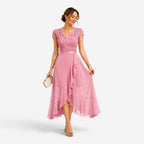 Summer | Women's Lace Midi Dress, Burgundy V-Neck Occasion Dress | The Dress Cellar