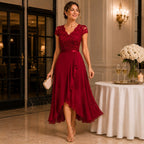 Summer | Women's Lace Midi Dress, Burgundy V-Neck Occasion Dress | The Dress Cellar