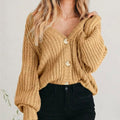 Coralie | Women's Oversized Chunky Cardigan, V-Neck Balloon Sleeve Knit | The Dress Cellar | Khaki