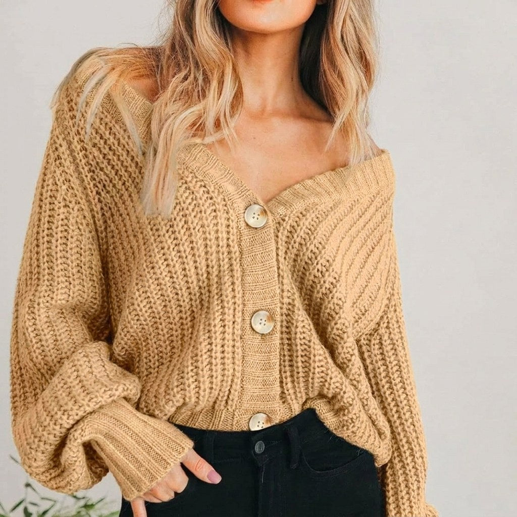 Coralie | Women's Oversized Chunky Cardigan, V-Neck Balloon Sleeve Knit | The Dress Cellar | Beige