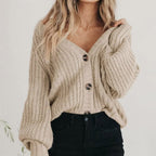 Coralie | Women's Oversized Chunky Cardigan, V-Neck Balloon Sleeve Knit | The Dress Cellar | Grey