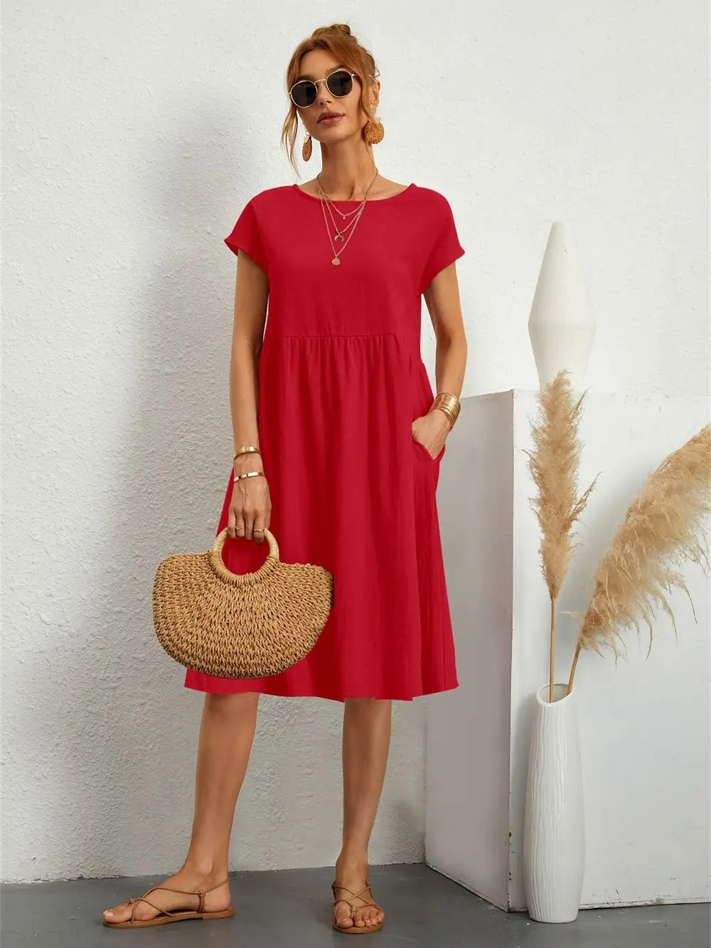 Courtney | Women's Casual Pocket Midi Dress - Red