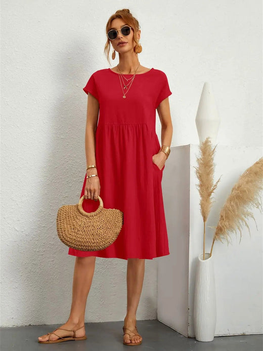Courtney | Women's Casual Pocket Midi Dress - Red